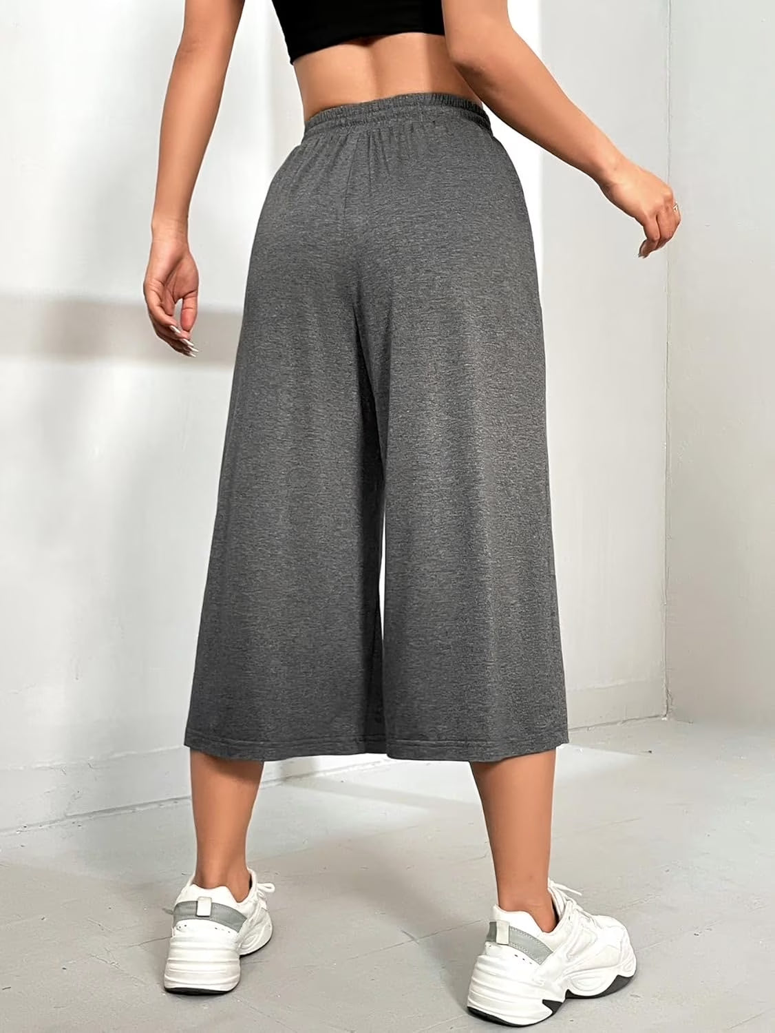 MLDRA Womens Capri Pants Wide Leg Sweatpant Loose Yoga Flared Drawstring Comfy Lounge Pajama Palazzo Capris Adjustable with Pockets