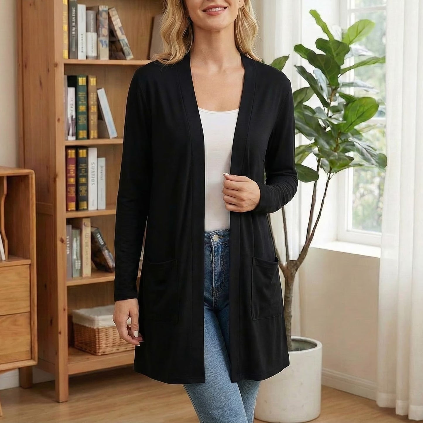 MLDRA Women's Open Front Lightweight Casual Long Sleeve Cardigan with Pockets, Black, 2026