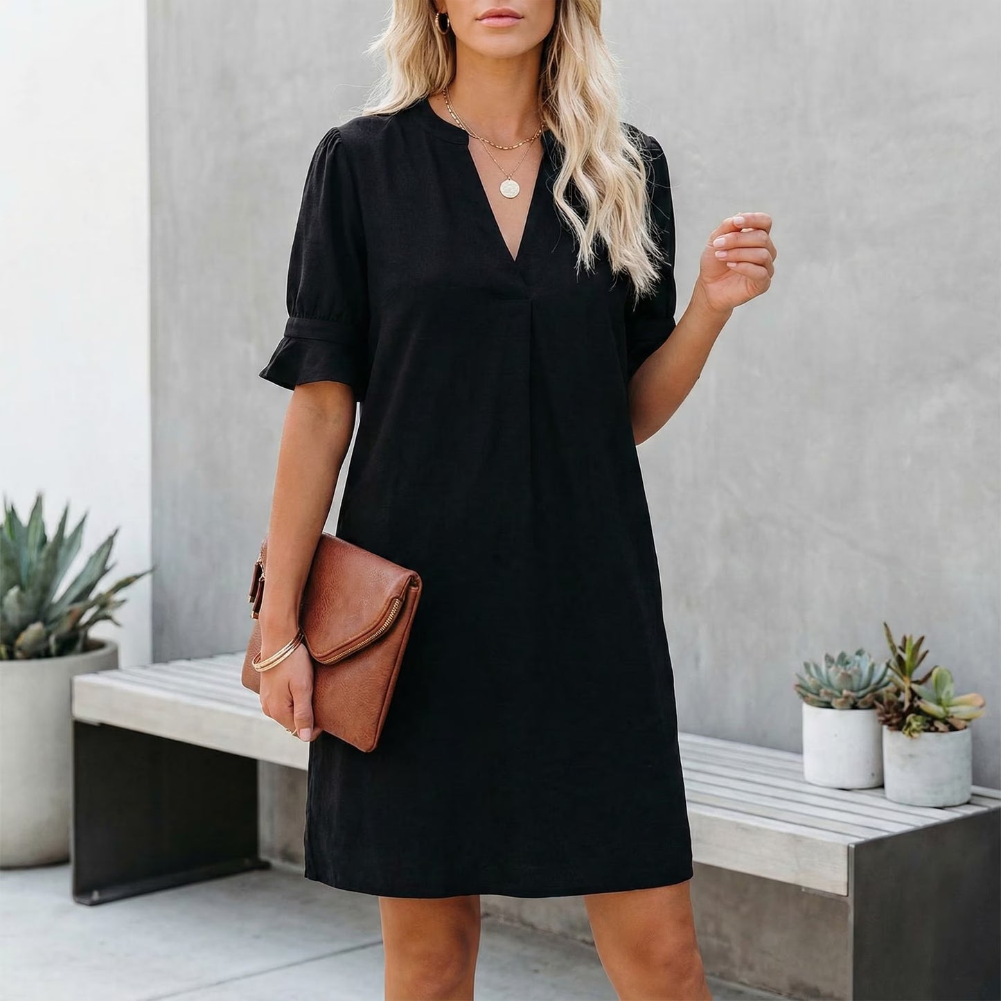MLDRA Dresses for Women V Neck Ruffle Short Lantern Sleeve Mini Casual Shift Dress Black 2026 Spring Summer Elegant