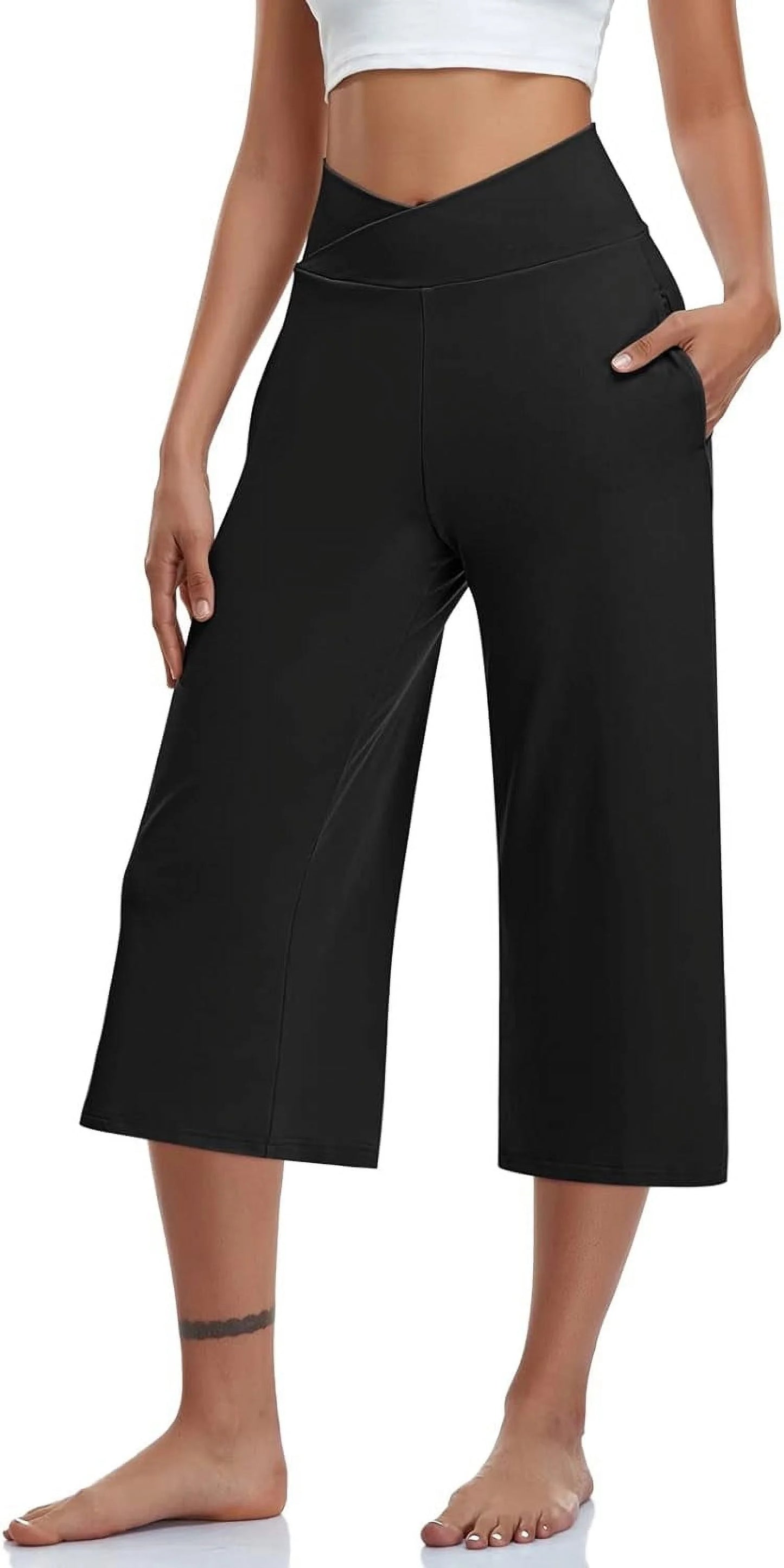MLDRA Womens Capri Pants Wide Leg Yoga Sweatpants High Waist Workout Work Dress Pant, Flare Leggings with Pockets for Summer Black