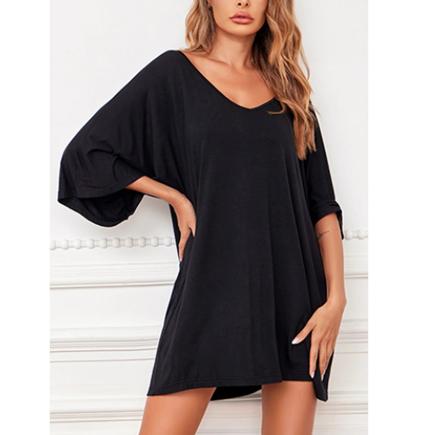 MLDRA Nightgowns for Women Sleepshirt Pajama Dress Loungewear Deep V Neck Nightshirt Casual Loose Comfy Sleepwear Black