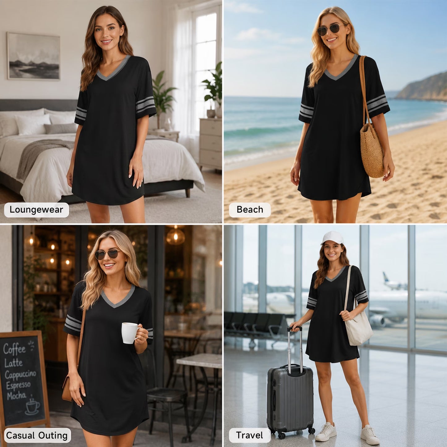 MLDRA Nightgown for Women Short Sleeve Sleepwear Casual Cotton Sleep Shirt Soft V Neck Lounge Sleep Shirts Color Block