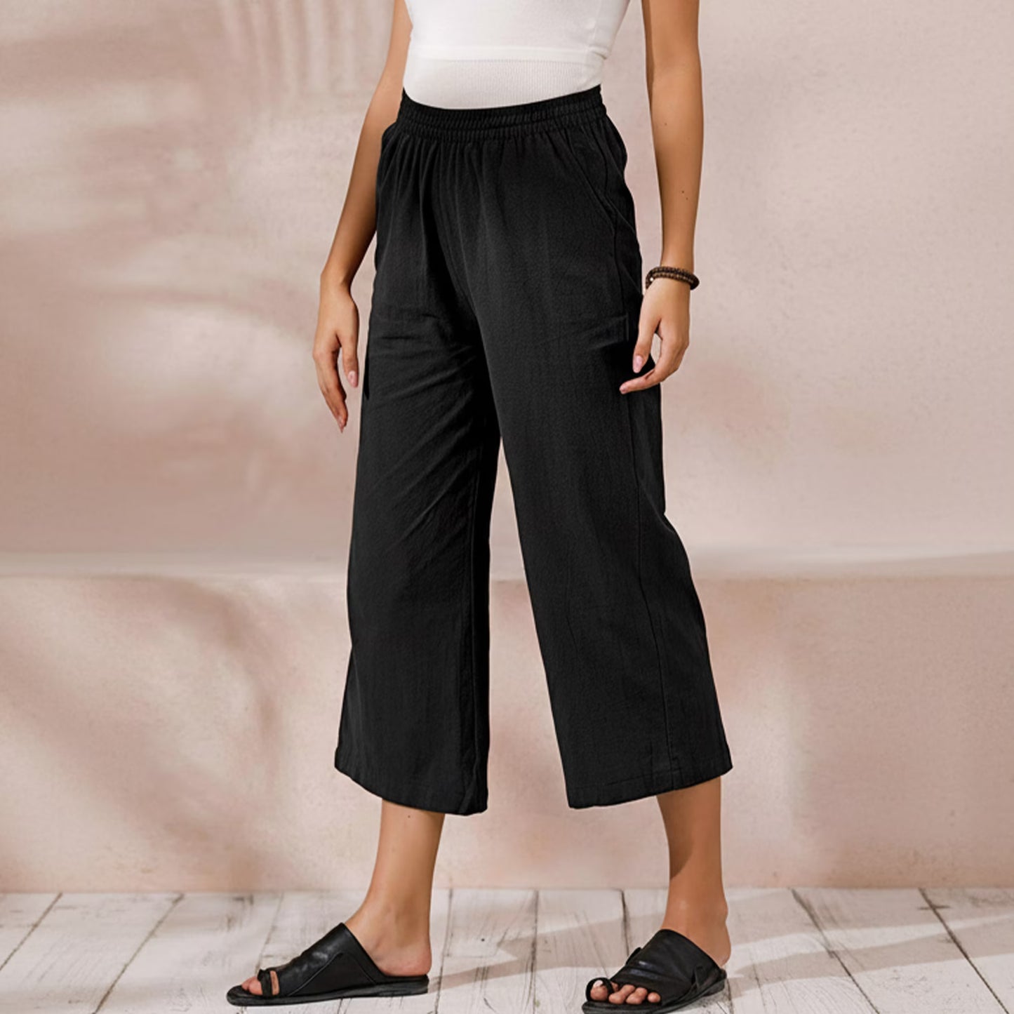 MLDRA Capri Wide Leg Pants for Women Iinen Pants Casual Lounge Workout Cropped Work Loose High Waisted with Pockets