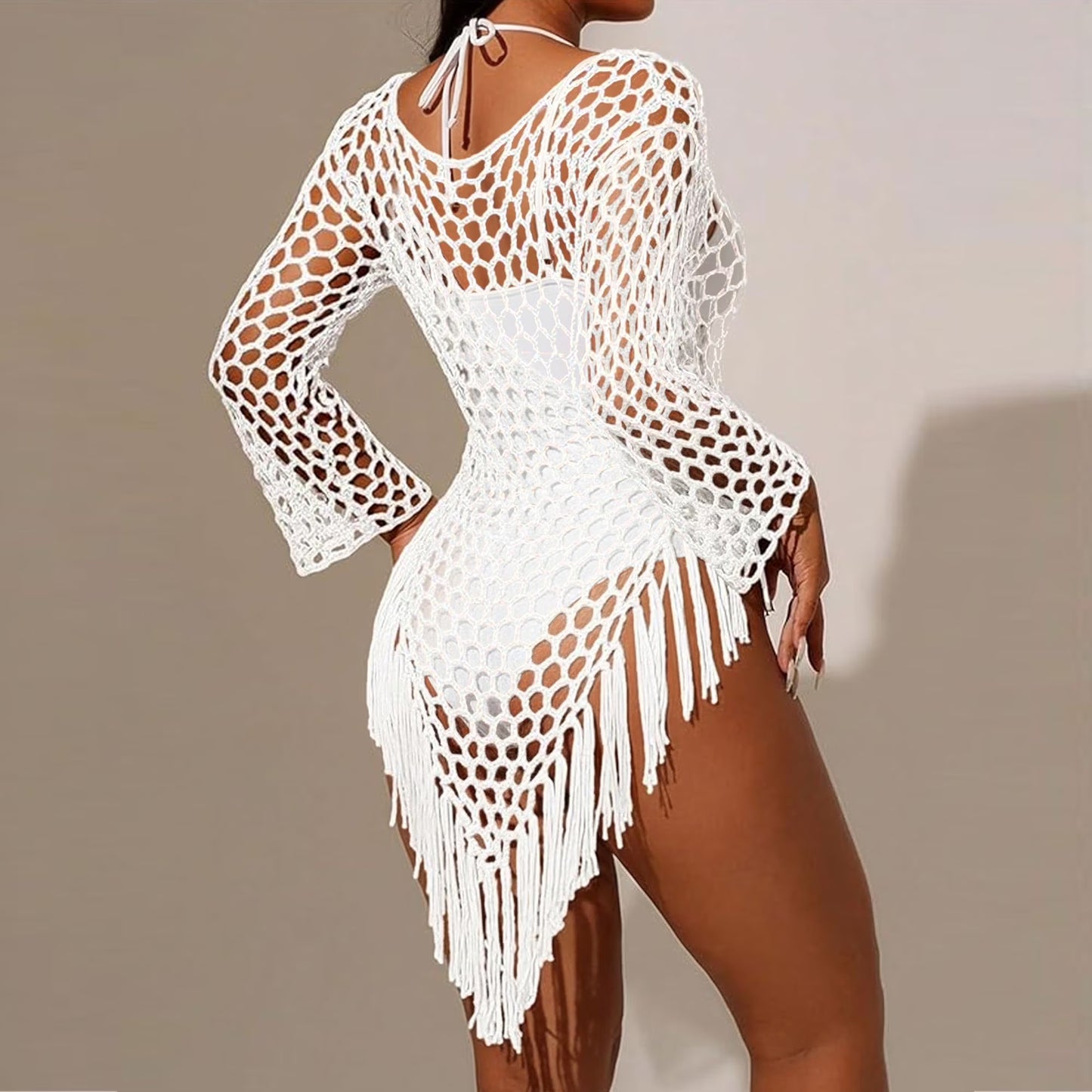 MLDRA Women's Swimsuit Cover Up Crochet Beach Coverups, Long Sleeve Fringe Knit Hollow Out Tops Summer White 2026