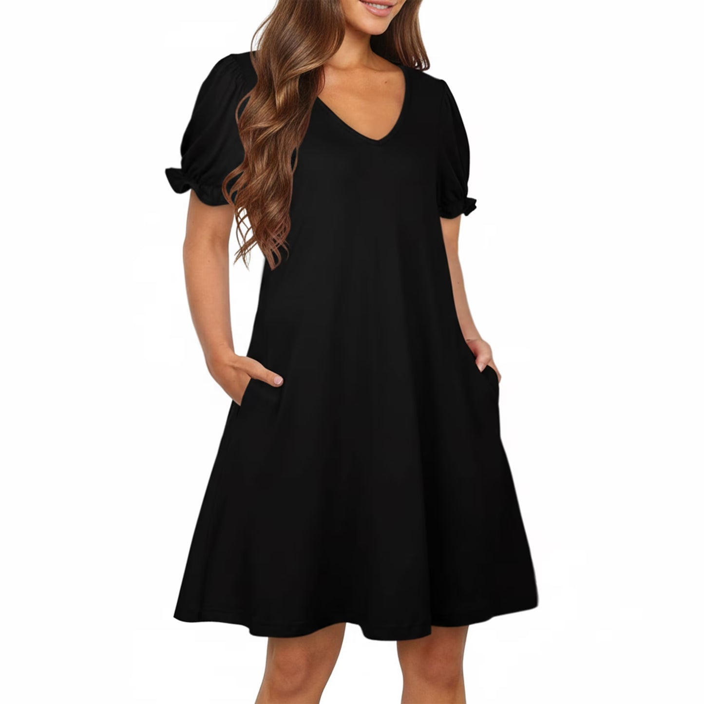 MLDRA Dresses for Women Casual Short Puff Sleeve V-Neck Dress with Pockets Loose Fit T-Shirt Dresses