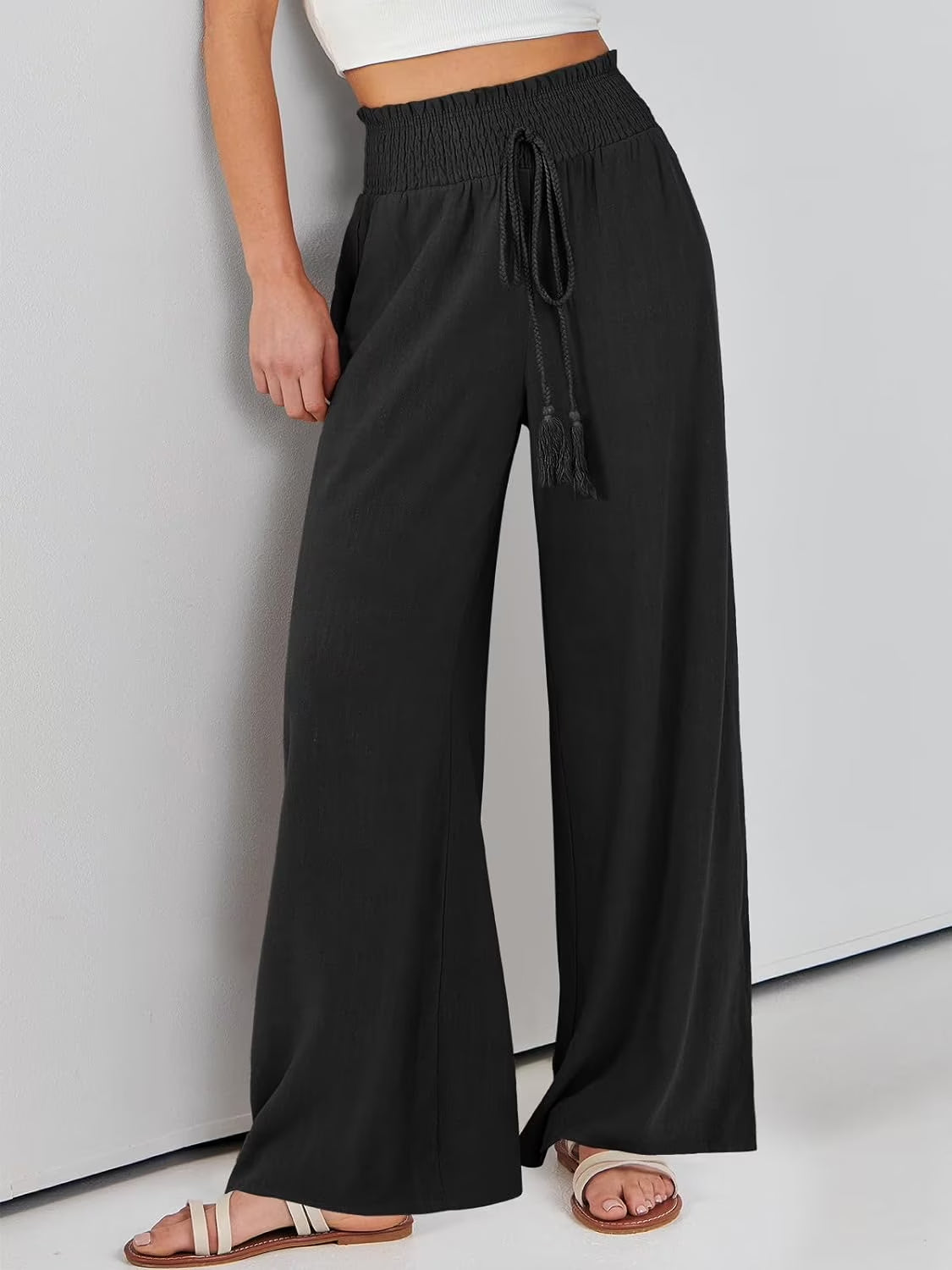 MLDRA Linen Pants for Women Wide Leg Pants High Waist Wide Leg Trousers Trendy Lounge Pant with Pockets (Available in Plus Size)