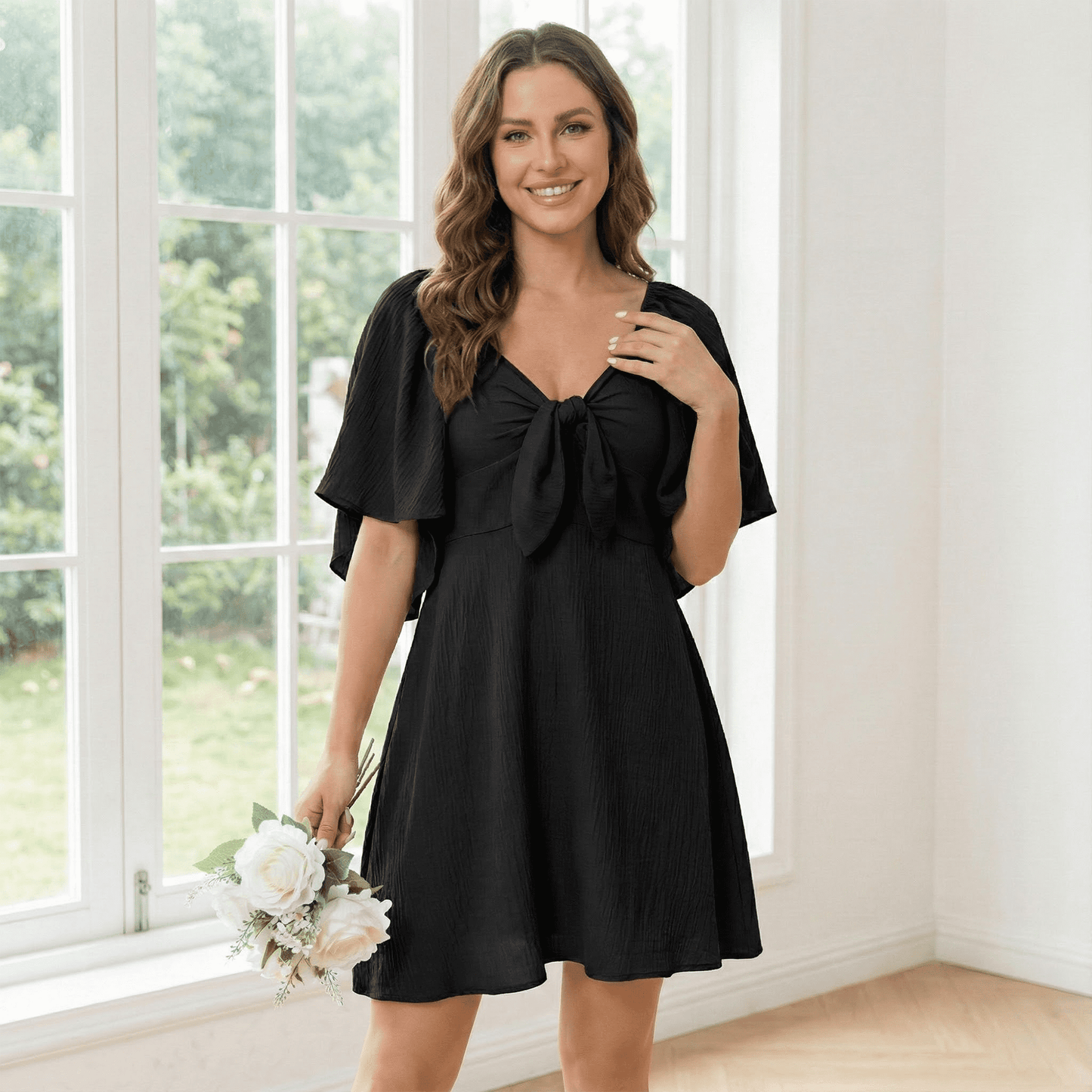 MLDRA Summer Dresses for Women Bow Tie V Neck Elegant Mini Sundress Black Dress Flowy Ruffle Short Sleeve Cocktail Dress