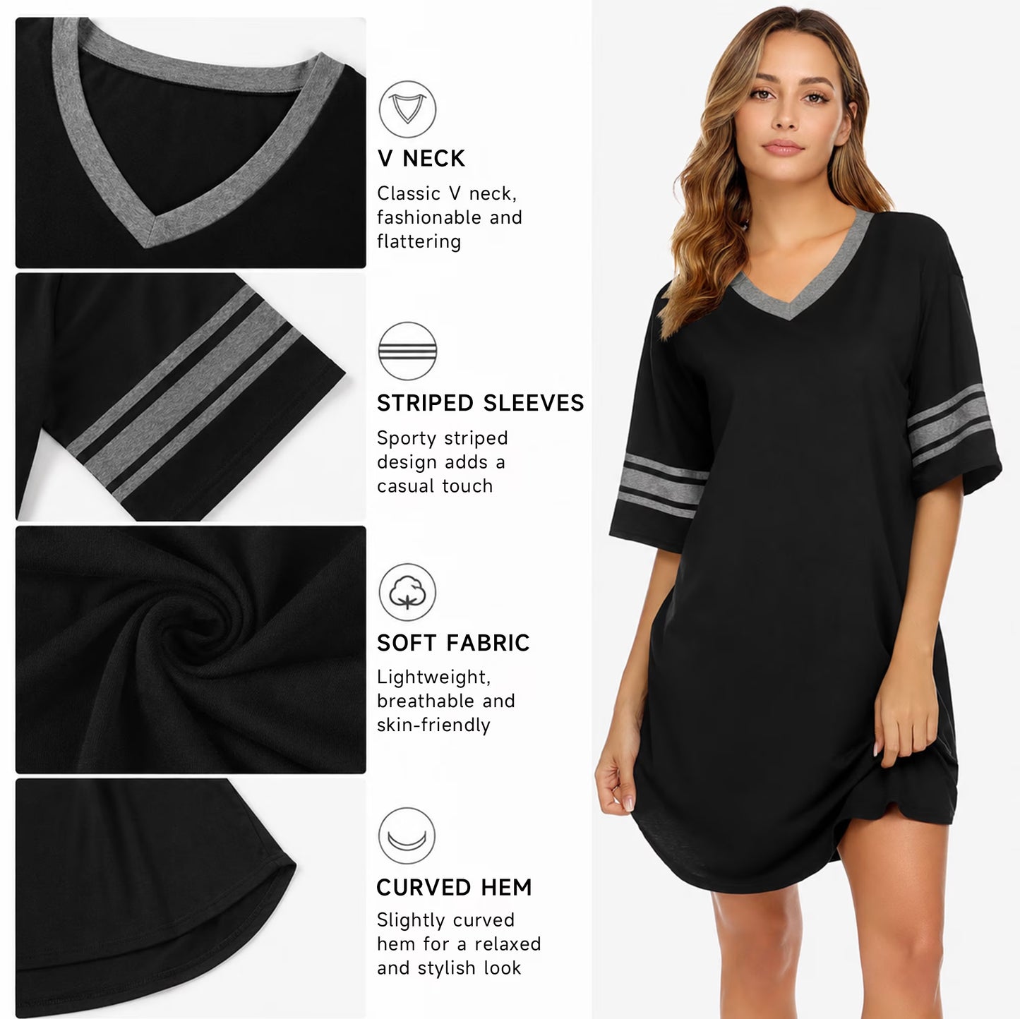 MLDRA Nightgown for Women Short Sleeve Sleepwear Casual Cotton Sleep Shirt Soft V Neck Lounge Sleep Shirts Color Block