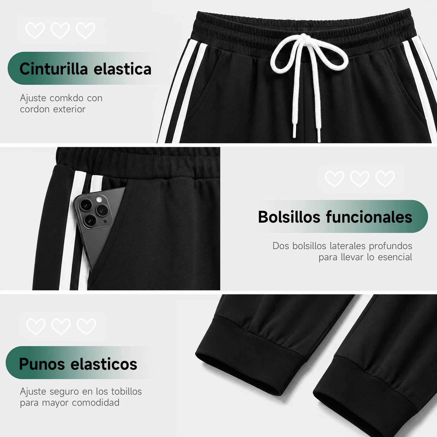 MLDRA Womens Sweatpants Joggers with Pockets Bottom Track Lounge Pant Lady Athletic Gym Lounge Pants Side Stripe for Workout Running Black