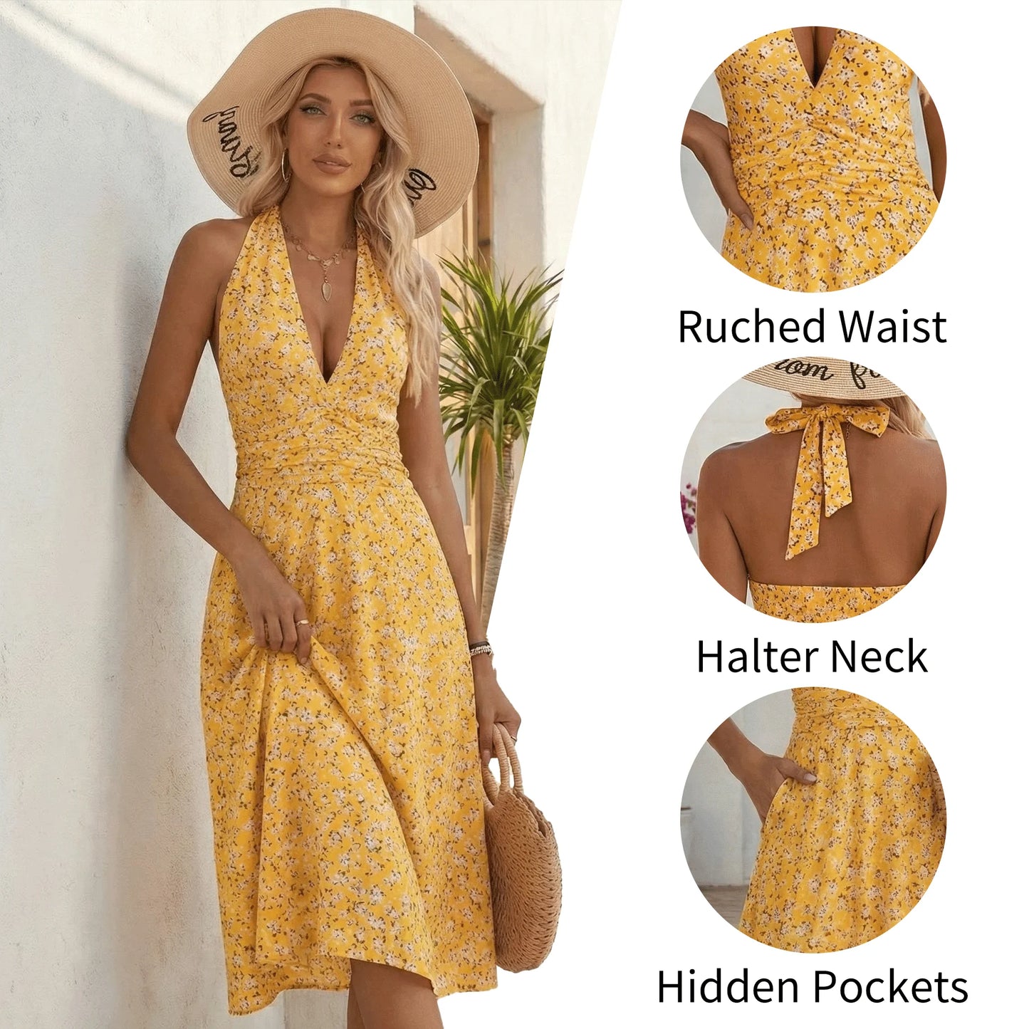 MLDRA Women's Beach Dress Backless Halter Sleeveless Strapless Floral Midi with Pockets Smocked Waist Deep V Neck Yellow