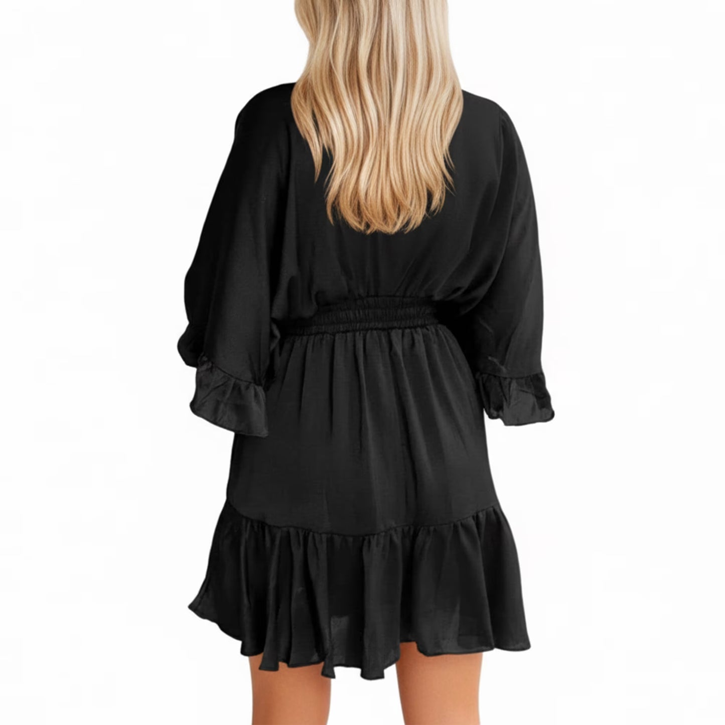 MLDRA Dresses for Women V Neck Casual Summer Dresses Loose High Waist Ruffle Pleated Cute Mini Short Dress Black