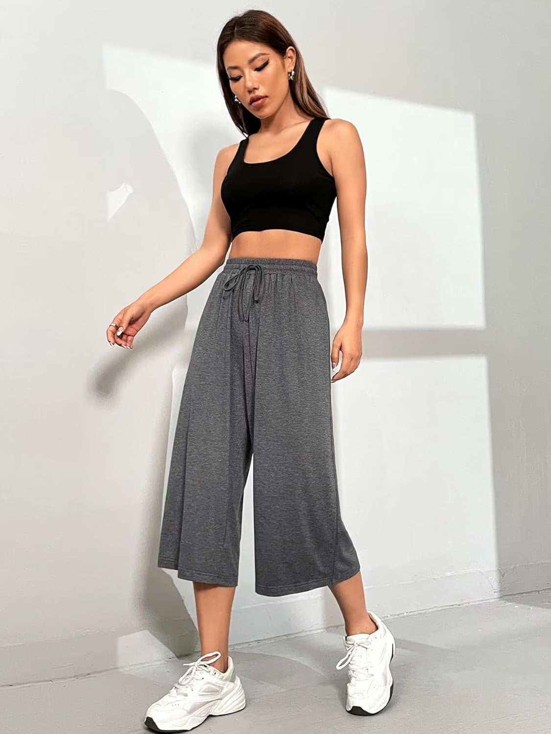 MLDRA Womens Capri Pants Wide Leg Sweatpant Loose Yoga Flared Drawstring Comfy Lounge Pajama Palazzo Capris Adjustable with Pockets