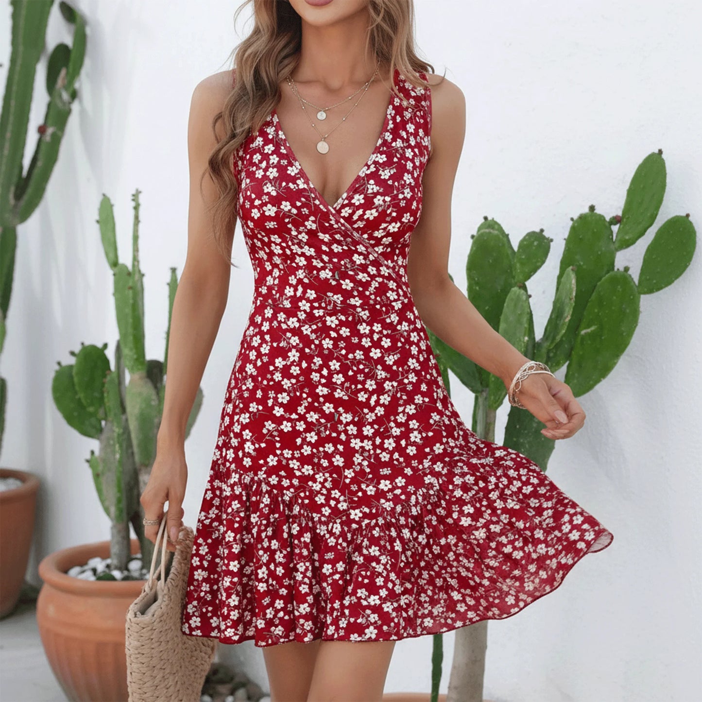 MLDRA Boho Dresses for Women Summer Casual Sleeveless Floral V Neck Mini Dress for Beach Vacation Holiday Party,Red Wedding Guest Dress