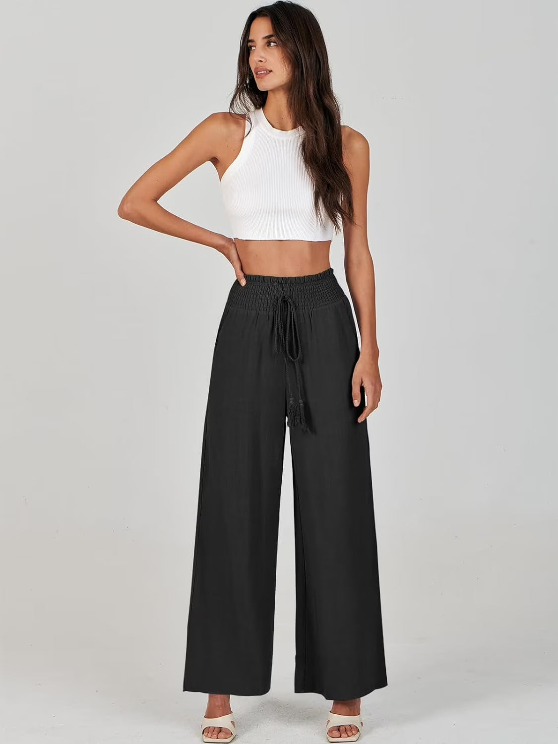 MLDRA Linen Pants for Women Wide Leg Pants High Waist Wide Leg Trousers Trendy Lounge Pant with Pockets (Available in Plus Size)