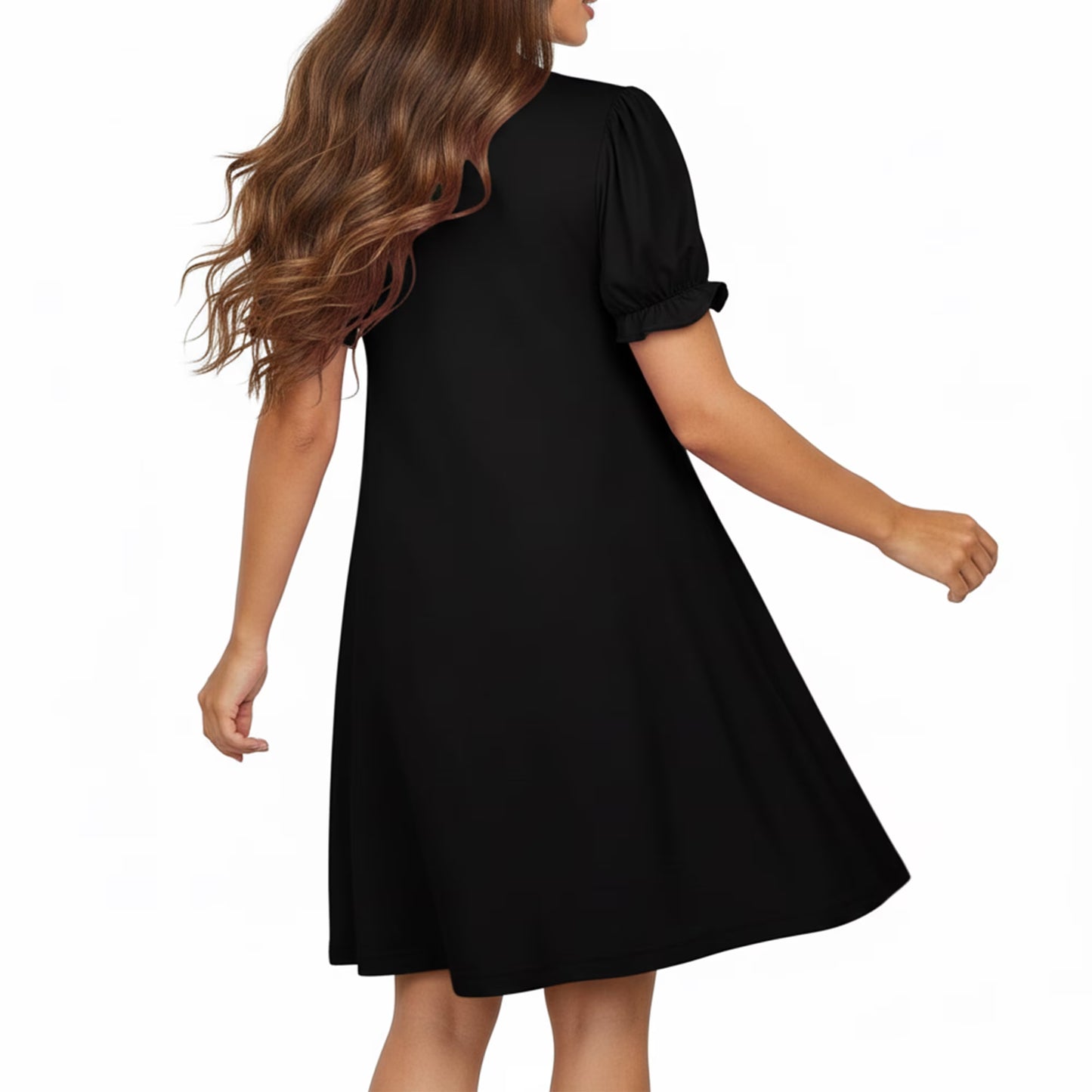MLDRA Dresses for Women Casual Short Puff Sleeve V-Neck Dress with Pockets Loose Fit T-Shirt Dresses