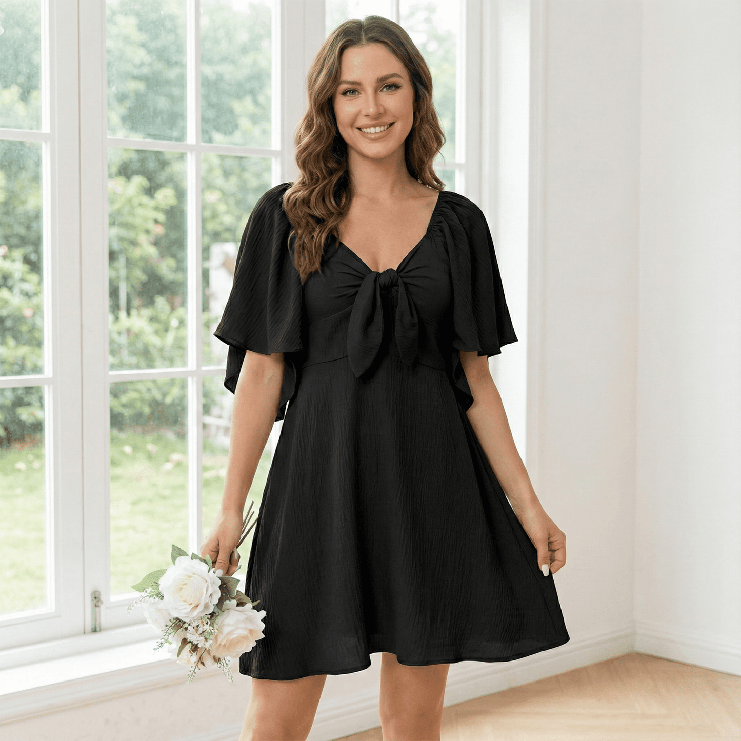 MLDRA Summer Dresses for Women Bow Tie V Neck Elegant Mini Sundress Black Dress Flowy Ruffle Short Sleeve Cocktail Dress