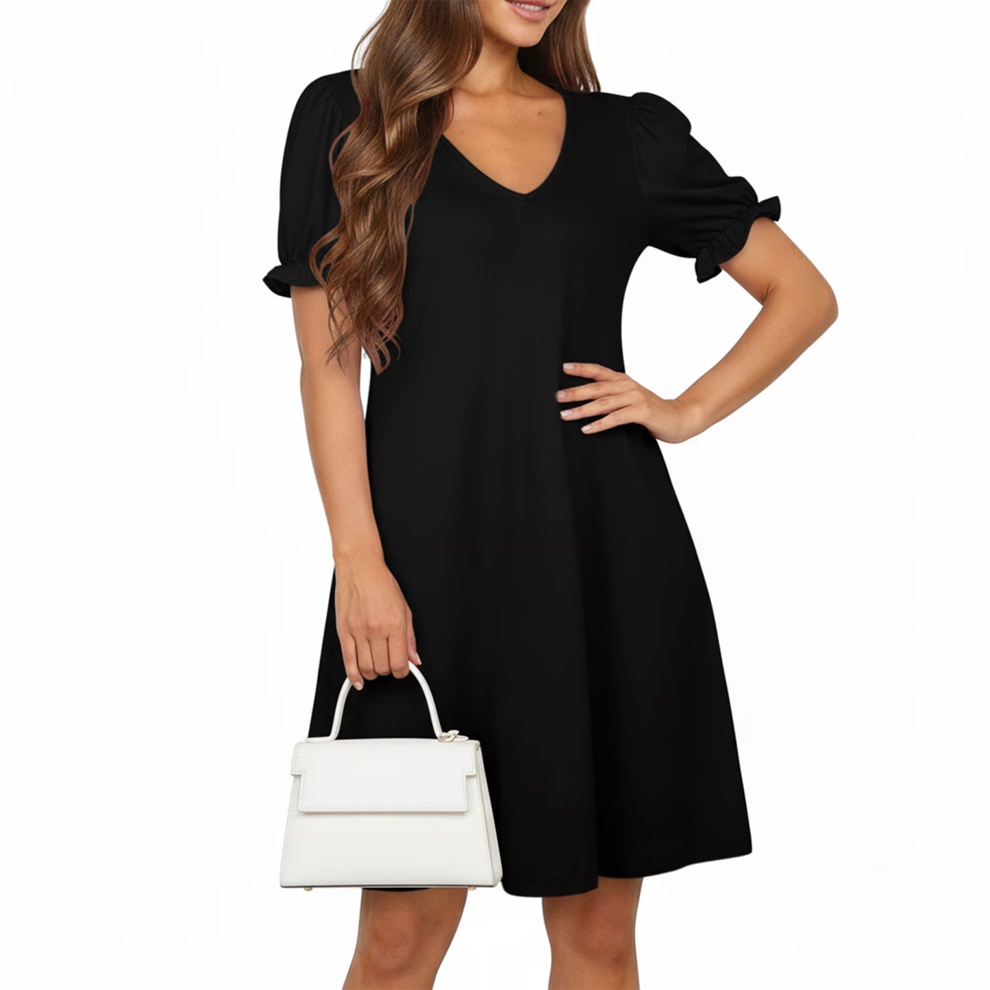 MLDRA Dresses for Women Casual Short Puff Sleeve V-Neck Dress with Pockets Loose Fit T-Shirt Dresses