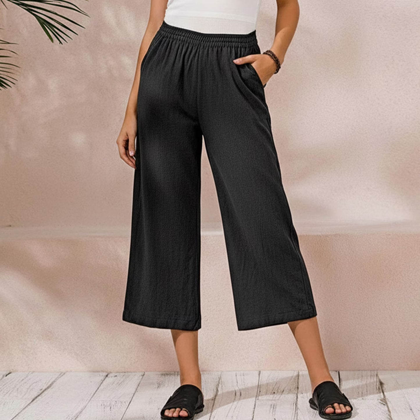MLDRA Capri Wide Leg Pants for Women Iinen Pants Casual Lounge Workout Cropped Work Loose High Waisted with Pockets