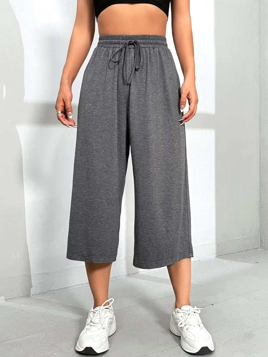 MLDRA Womens Capri Pants Wide Leg Sweatpant Loose Yoga Flared Drawstring Comfy Lounge Pajama Palazzo Capris Adjustable with Pockets