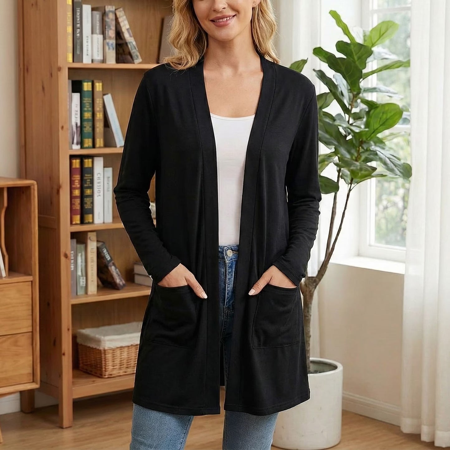 MLDRA Women's Open Front Lightweight Casual Long Sleeve Cardigan with Pockets, Black, 2026