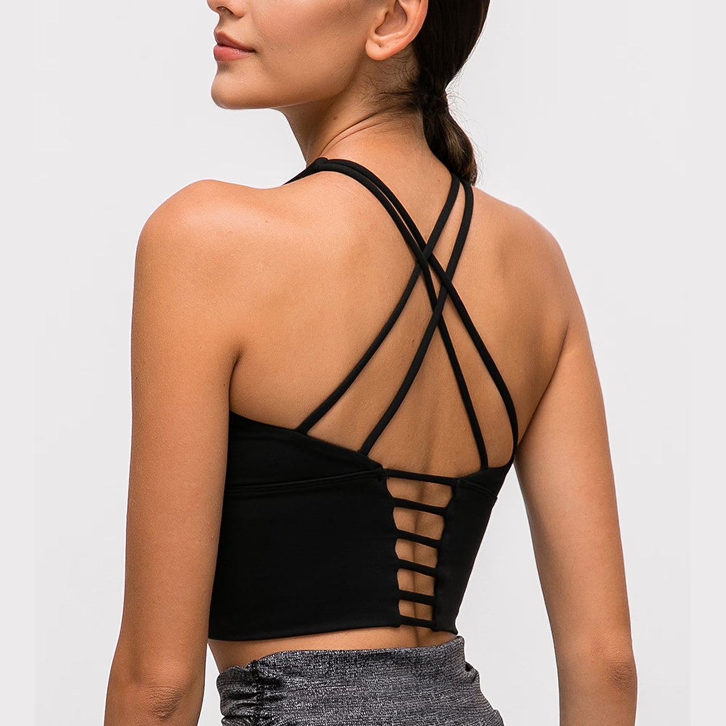 Sports Bra for Women Crop Tank Strappy Medium Support Padded Yoga Top Criss Cross Open Back Removable Cups for Workout Running