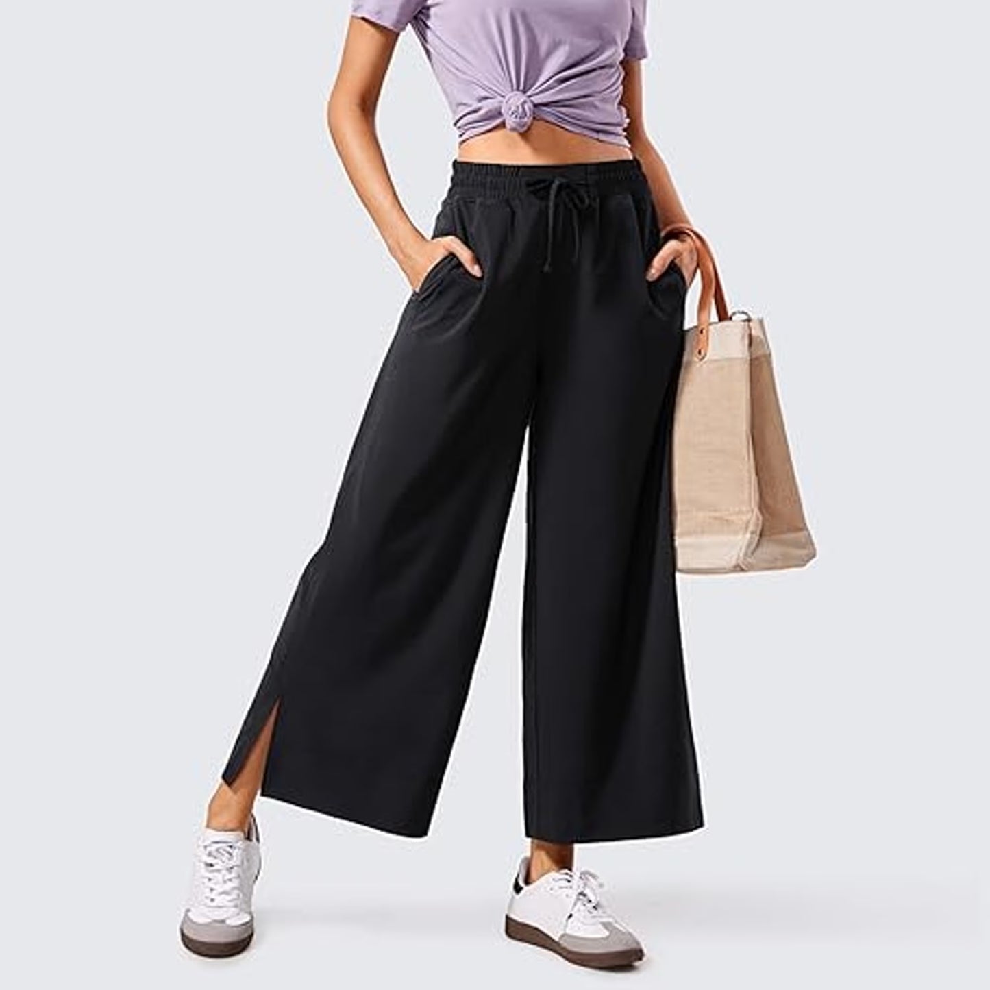 MLDRA Pants for Women Wide Leg Cropped Sweatpants High Waisted Lounge Yoga Pants with Pockets Baggy Casual Travel Work Everyday Comfort 2025 Fall Black