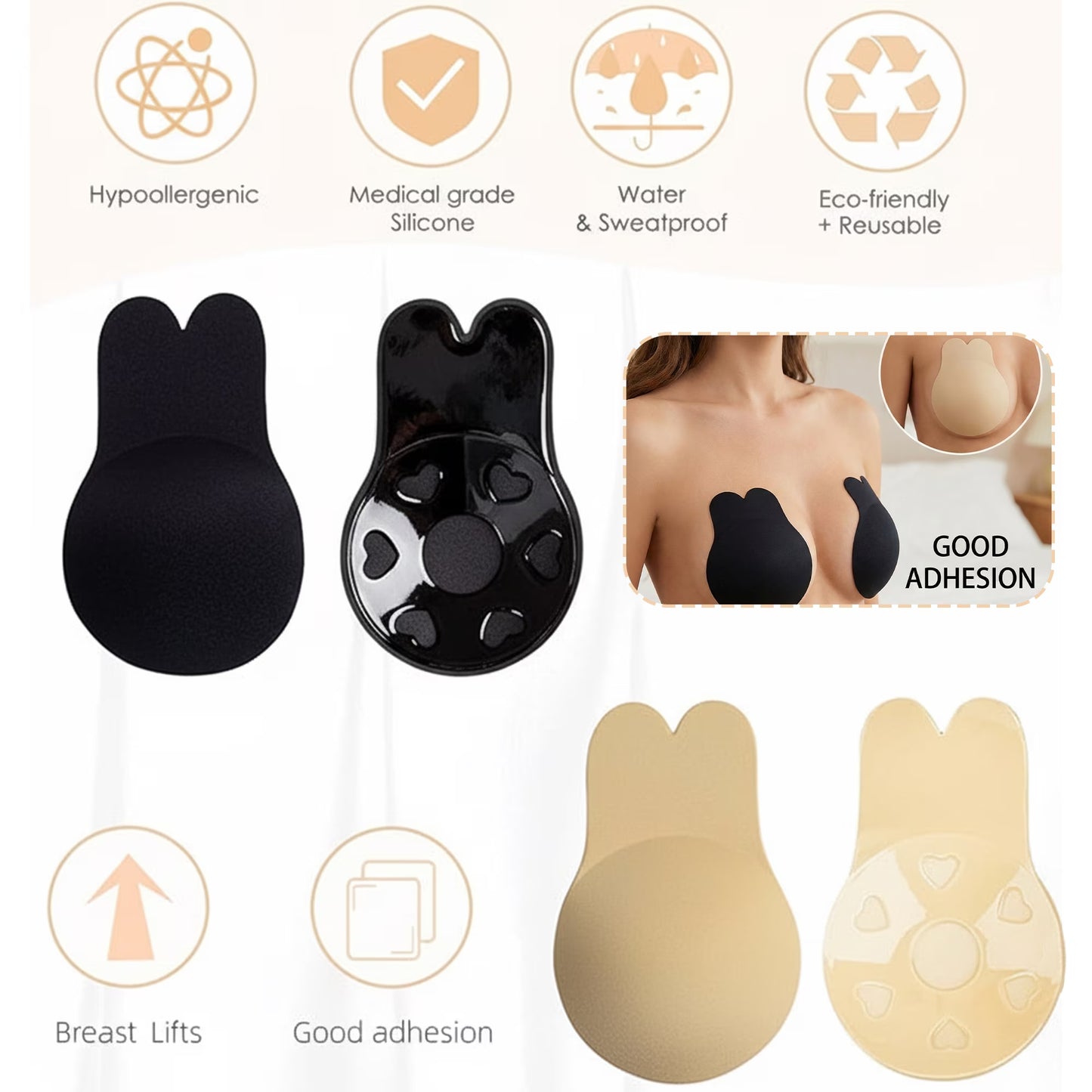 MLDRA 2 Pairs Sticky Bra Push up Backless Bra with Bunny Ears, Strapless Bra for Women Reusable Adhesive Lift Up