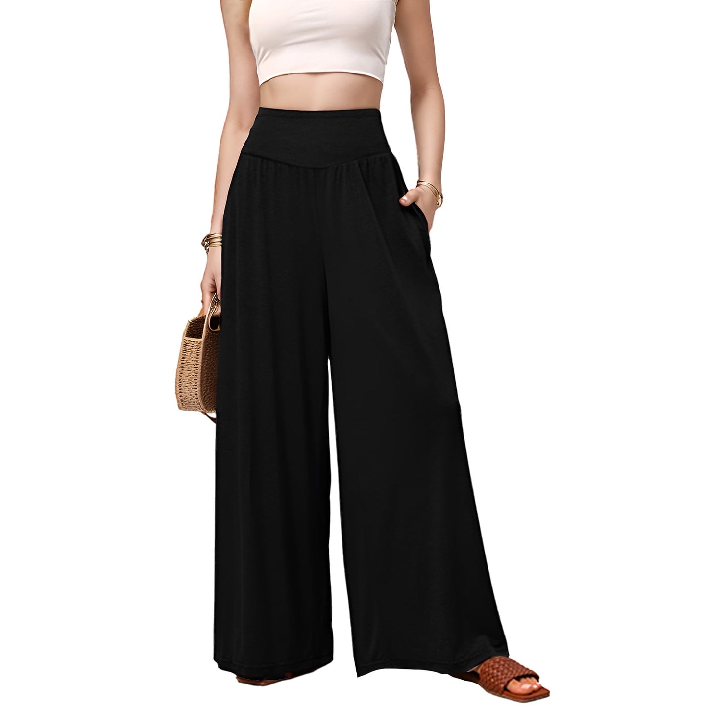 Pants for Women Wide Leg Flowy Dressy Casual Pants Elastic High Waist Palazzo Pant with Pockets