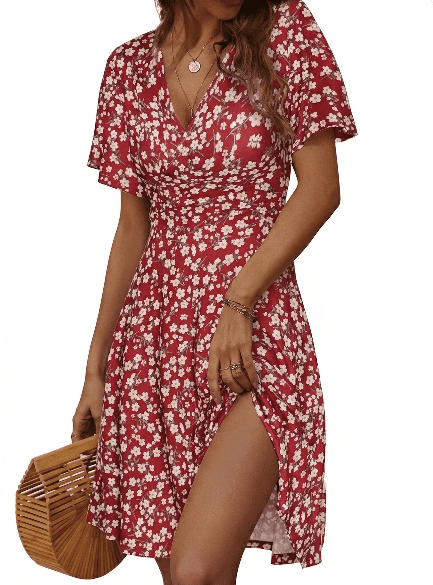 MLDRA Boho Dresses for Women Summer Casual Sleeveless Floral V Neck Mini Dress for Beach Vacation Holiday Party,Red Wedding Guest Dress