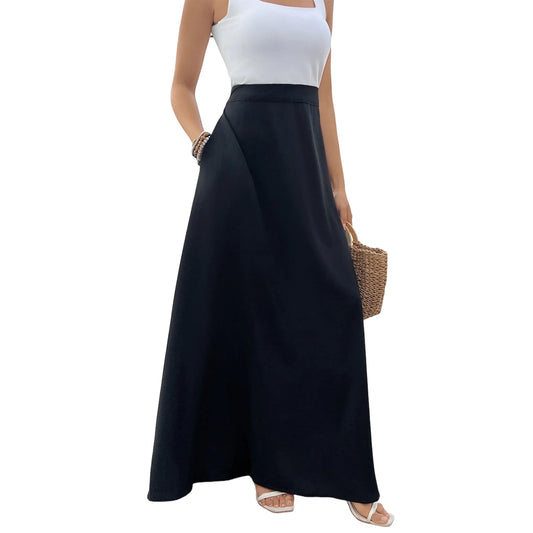 SOMER Skirts for Women Dresses Medium Long Maxi Fancy Casual High Waist Skirt with Pockets 2025 Summer Black