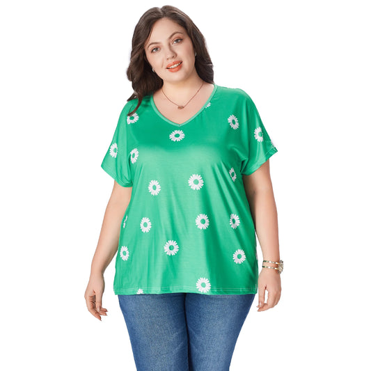 2025 Women's Plus Size Top Flower Printed V Neck Short Sleeve Casual Plus Size Tops for Women