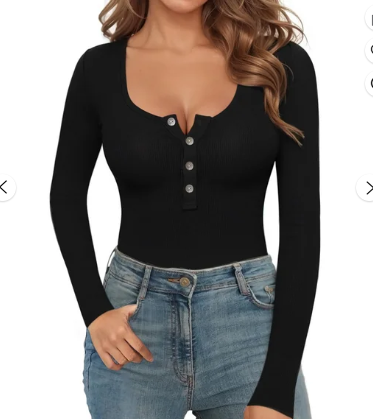 MLDRA Bodysuits for Women Long Sleeve Body Suit Crew Neck Ribbe Basic Going Out Winter Button Down Women Bodysuits Black