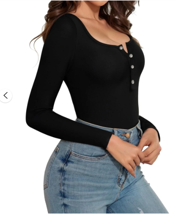 MLDRA Bodysuits for Women Long Sleeve Body Suit Crew Neck Ribbe Basic Going Out Winter Button Down Women Bodysuits Black