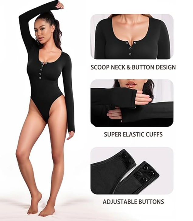 MLDRA Bodysuits for Women Long Sleeve Body Suit Crew Neck Ribbe Basic Going Out Winter Button Down Women Bodysuits Black