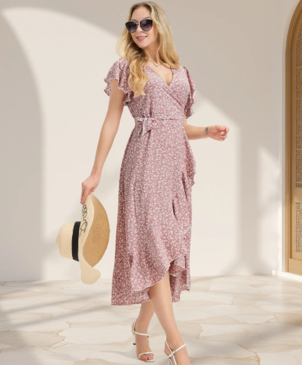 MLDRA Dress for Women Flower Floral Wedding Guest Dress V Neck Wrap Ruffle Sleeve Beach Skirt Casual 2026 Summer Pink
