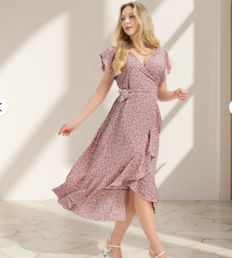 MLDRA Dress for Women Flower Floral Wedding Guest Dress V Neck Wrap Ruffle Sleeve Beach Skirt Casual 2026 Summer Pink