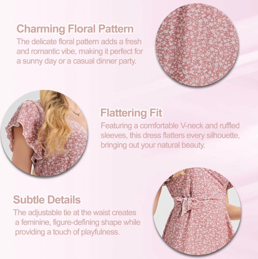 MLDRA Dress for Women Flower Floral Wedding Guest Dress V Neck Wrap Ruffle Sleeve Beach Skirt Casual 2026 Summer Pink