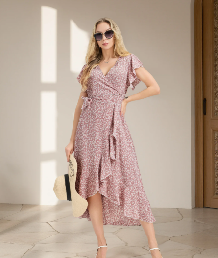 MLDRA Dress for Women Flower Floral Wedding Guest Dress V Neck Wrap Ruffle Sleeve Beach Skirt Casual 2026 Summer Pink