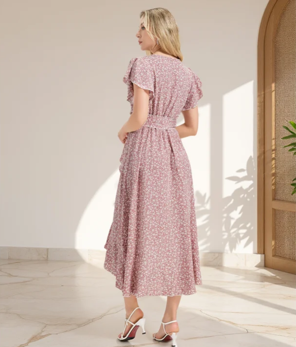 MLDRA Dress for Women Flower Floral Wedding Guest Dress V Neck Wrap Ruffle Sleeve Beach Skirt Casual 2026 Summer Pink