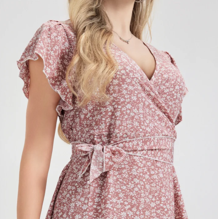 MLDRA Dress for Women Flower Floral Wedding Guest Dress V Neck Wrap Ruffle Sleeve Beach Skirt Casual 2026 Summer Pink