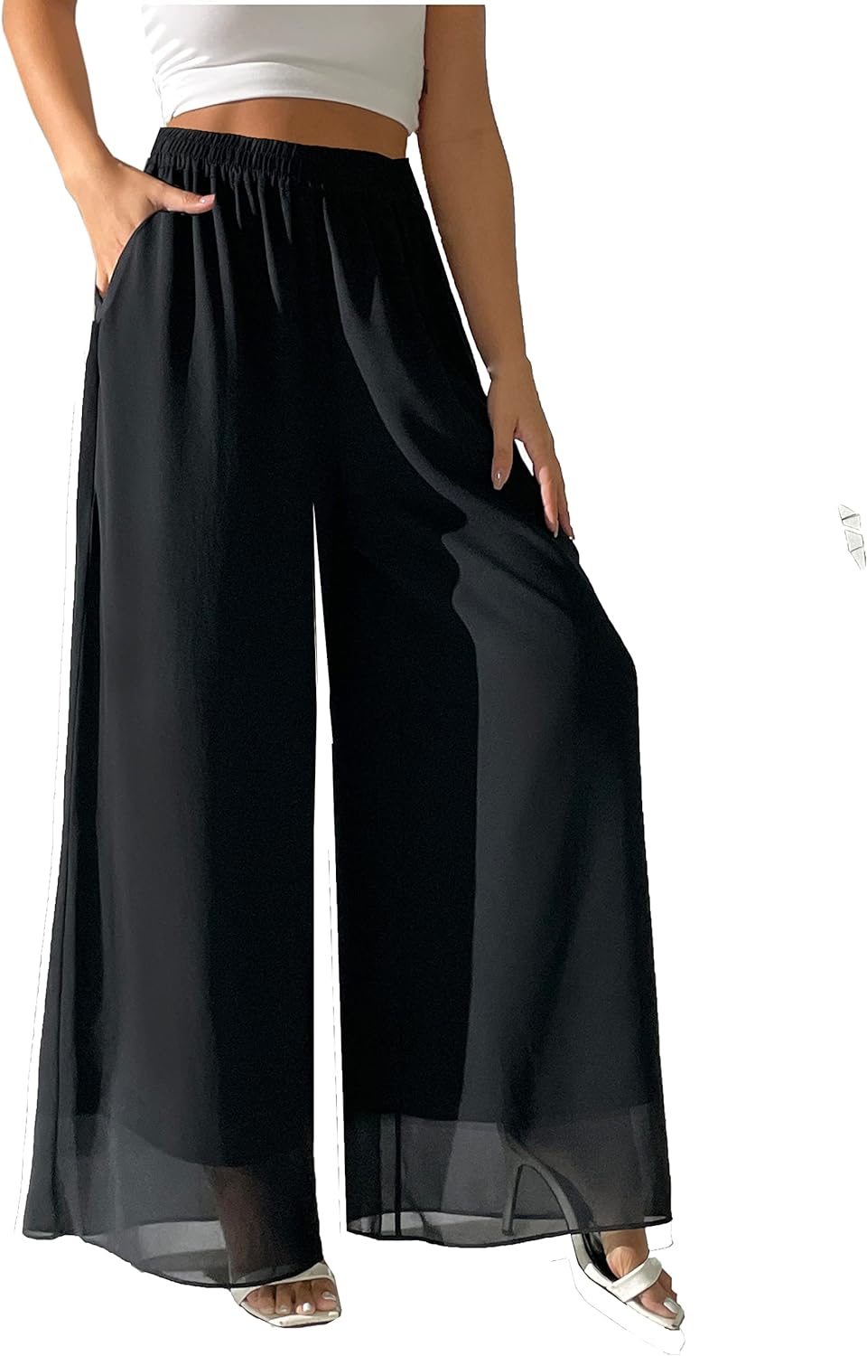 MLDRA Women's Chiffon Dress Beach Wide Leg Palazzo Pants Elastic Waist Trouser