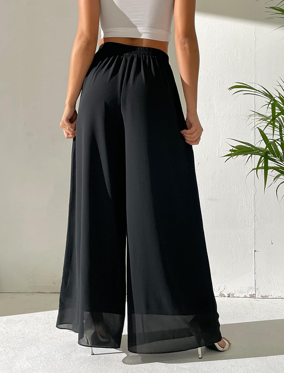 MLDRA Women's Chiffon Dress Beach Wide Leg Palazzo Pants Elastic Waist Trouser