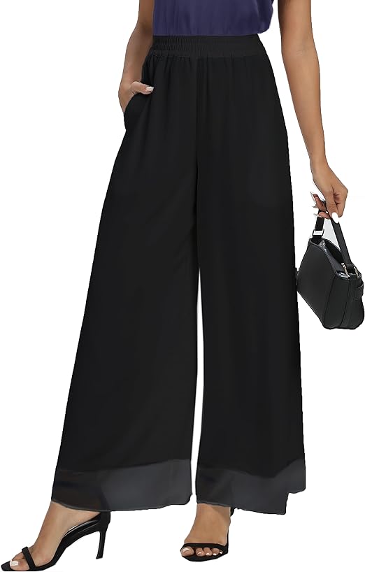 MLDRA Women's Chiffon Dress Beach Wide Leg Palazzo Pants Elastic Waist Trouser