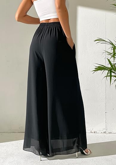MLDRA Women's Chiffon Dress Beach Wide Leg Palazzo Pants Elastic Waist Trouser