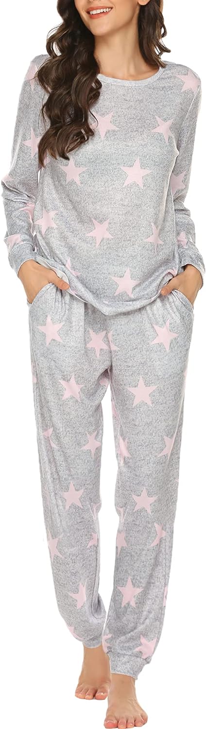 Womens Pajama Sets PJs Lounge Set Long Sleeve Top and Pants Sleepwear Loungewear Crew Neck