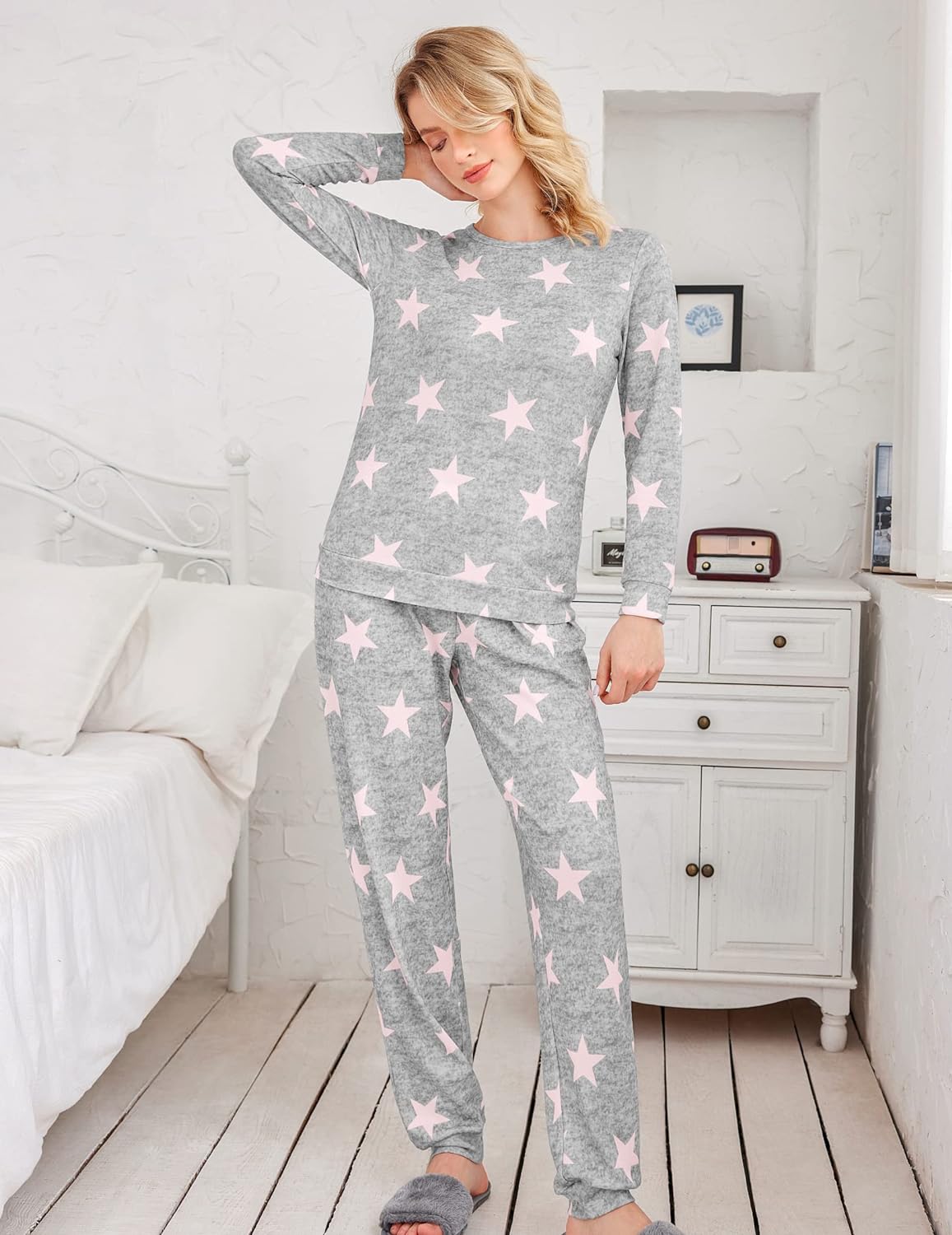 Womens Pajama Sets PJs Lounge Set Long Sleeve Top and Pants Sleepwear Loungewear Crew Neck