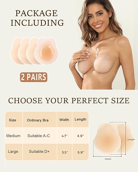 MLDRA Women's Reusable Sticky Bra - Invisible Silicone Backless Strapless Push-Up Bra with 2 Pairs of Nipple Covers for Backless Dresses