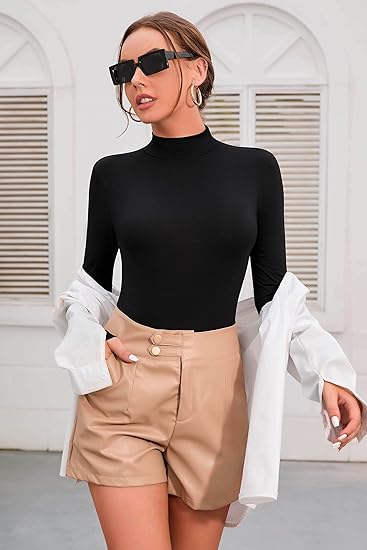 MLDRA Women's Long Sleeve Bodysuit - Mock Turtle Neck Soft Stretchy Slim Fit Layer Top Classic Jumpsuit