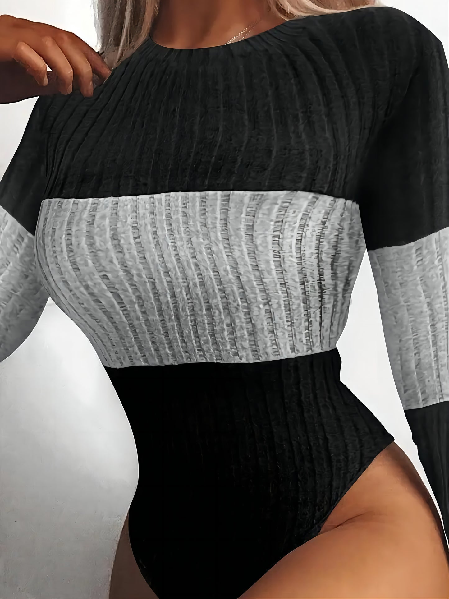 Womens Bodysuit Tummy Control Body Suit Long Sleeve Crew Neck Ribbed Color Block Shirt Tops Black Grey