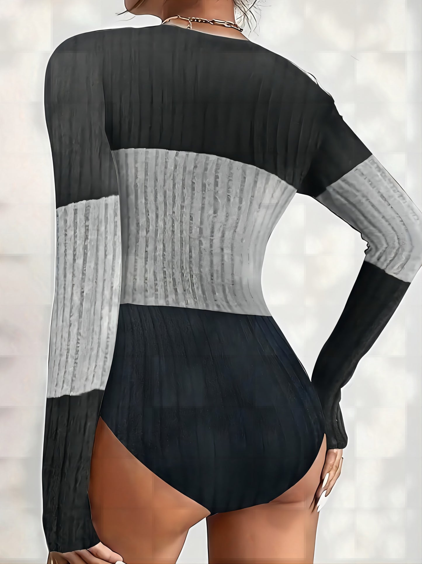 Womens Bodysuit Tummy Control Body Suit Long Sleeve Crew Neck Ribbed Color Block Shirt Tops Black Grey
